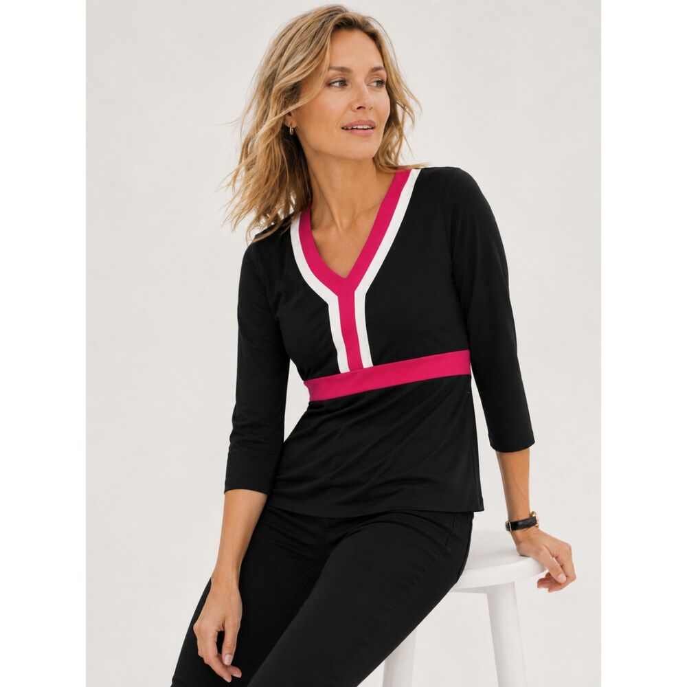 🖤 LOFT Colorblock V-Neck Top – Black White Pink – 3/4 Sleeve – Medium